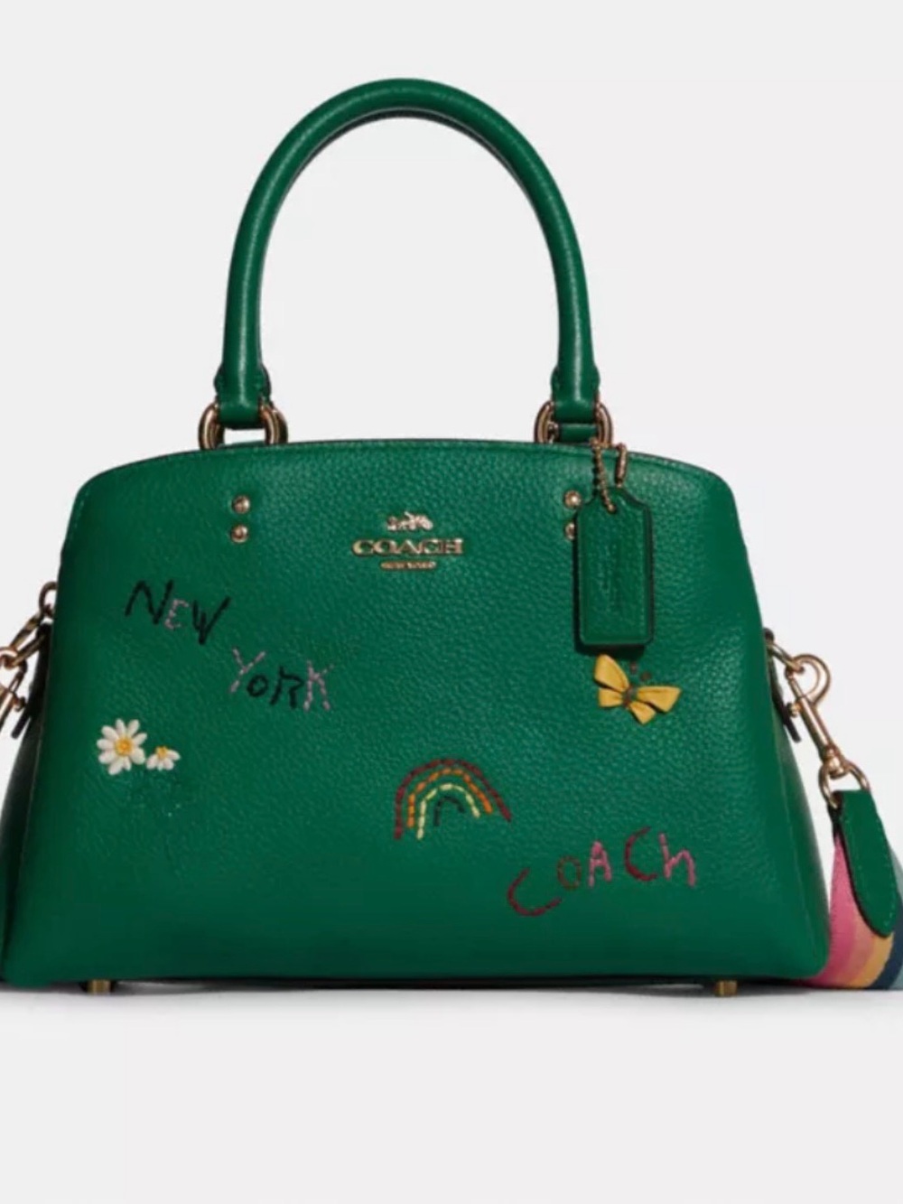 COACH Green Leather Satchel with Rainbow Striped Strap - Picture 3 of 11